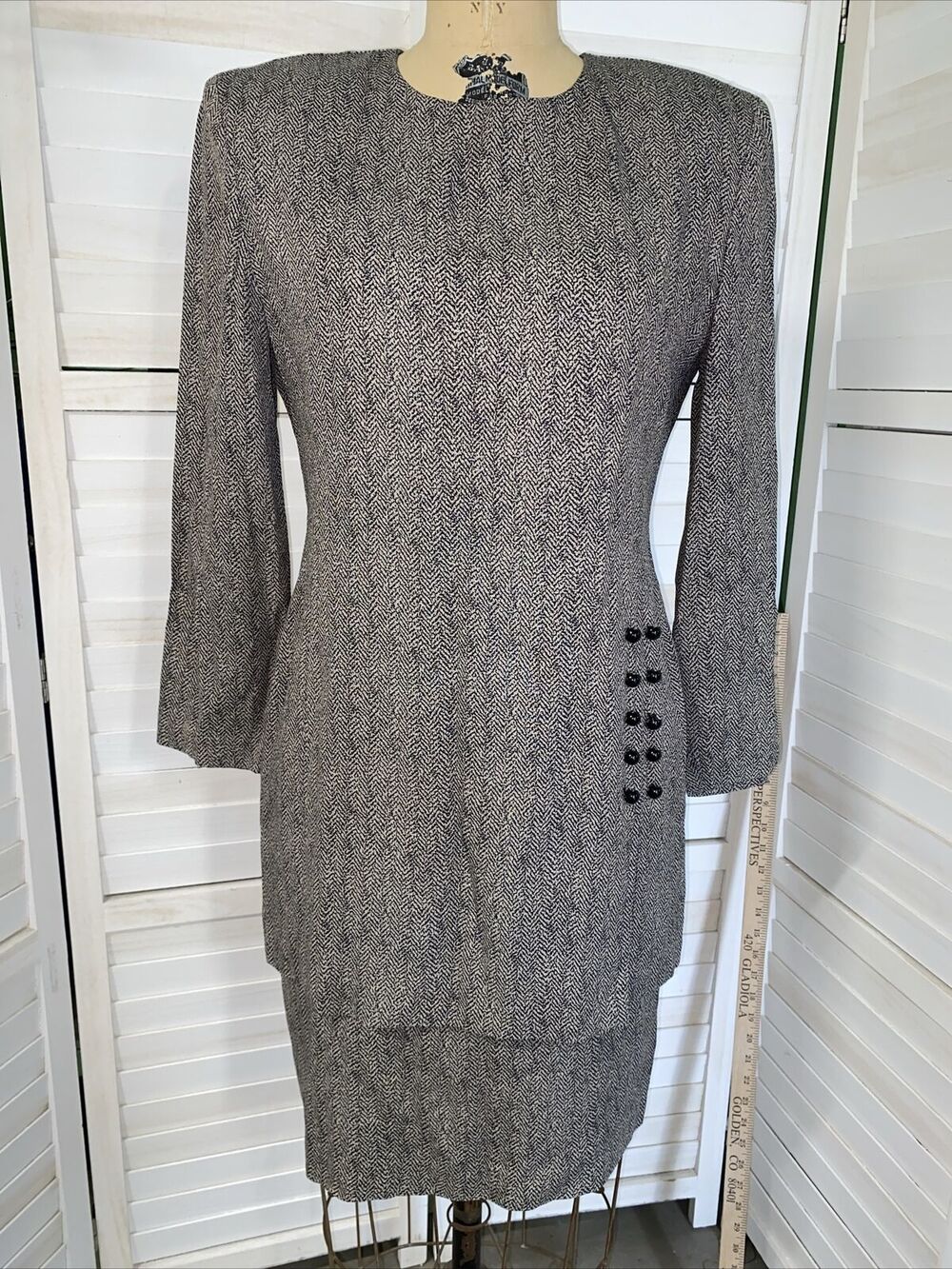 Vintage 80s Michael Blair Women’s Sheath Midi Career Black Tan Dress Sz 6